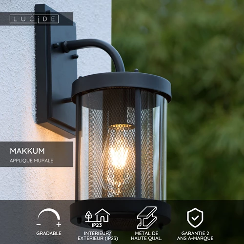 Lucide MAKKUM - Applique murale Intérieur/Extérieur - 1xE27 - IP23 - Noir - USP